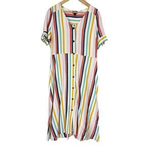 A.N.A. Striped Pastel Cotton Linen Blend Dress Coastal Women's Size Large
